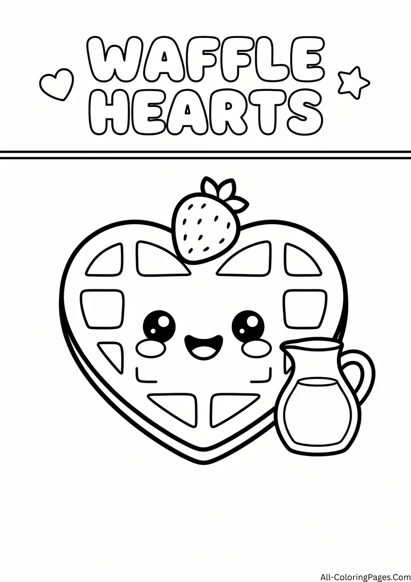 Smiling heart shaped waffle with a strawberry on top and a syrup jug, with the title Waffle Hearts