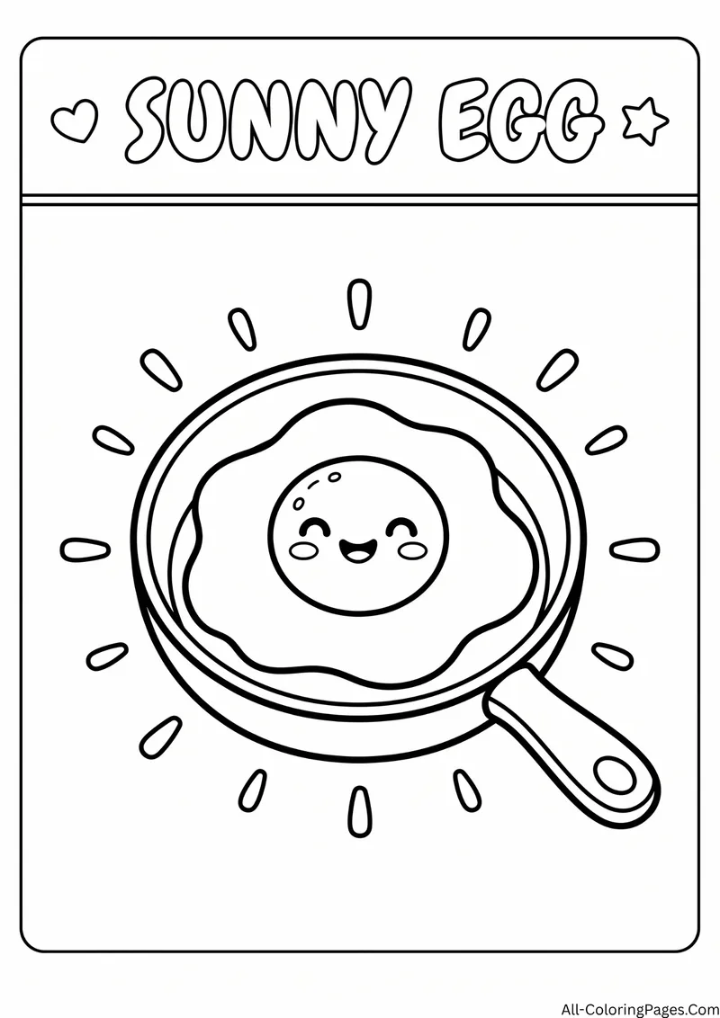 Smiling fried egg in a frying pan with sun rays around it, with the title Sunny Egg