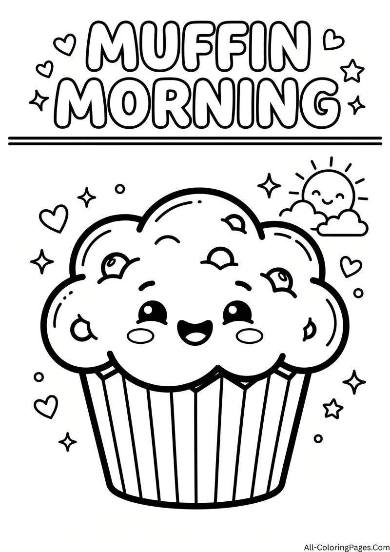 Smiling blueberry muffin in a paper cup with a sun and hearts, with the title Muffin Morning
