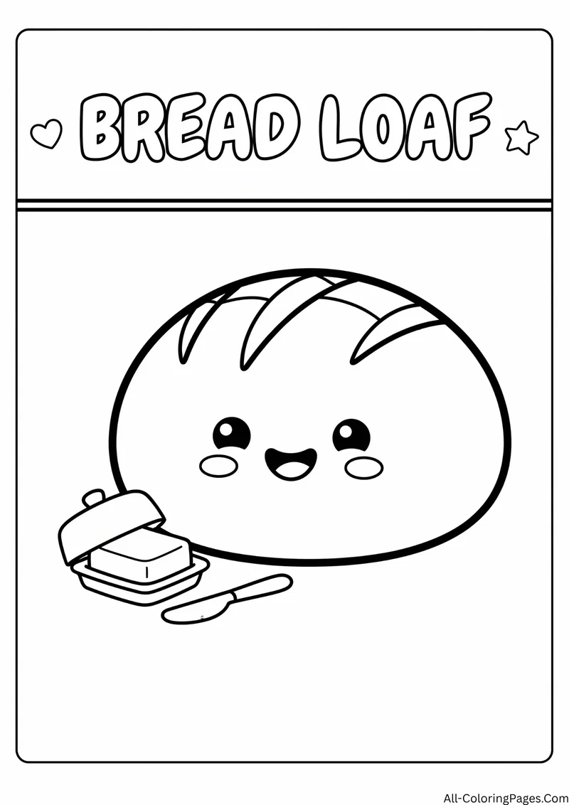 Smiling loaf of bread beside a butter dish and a butter knife, with the title Bread Loaf