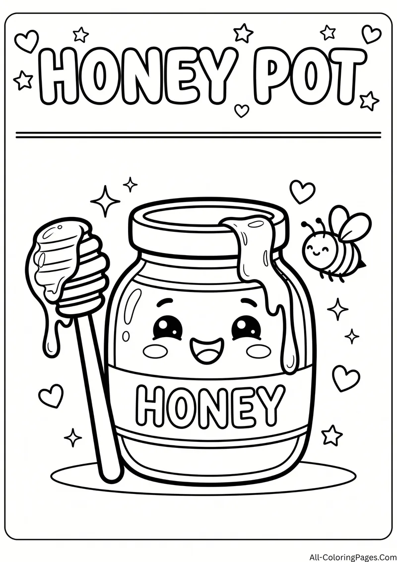 Smiling honey jar with a dripping dipper and a bee, with the title Honey Pot