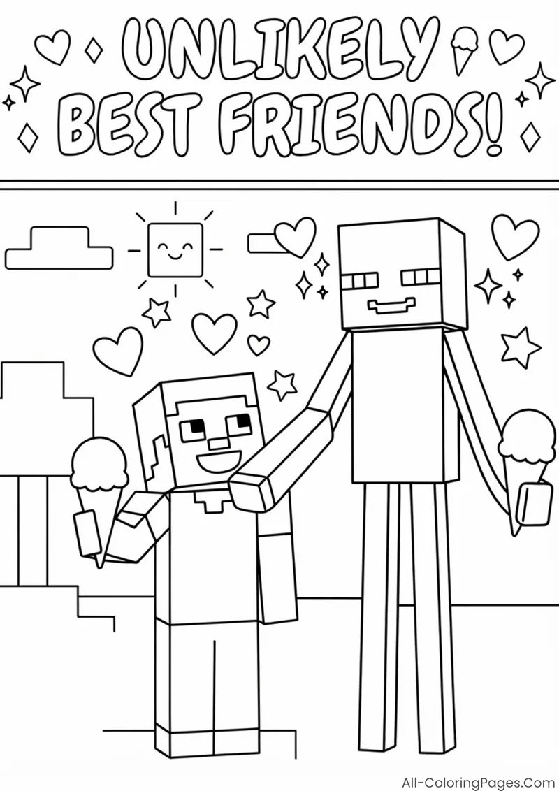 Steve standing beside a smiling Enderman under an Unlikely Best Friends heading