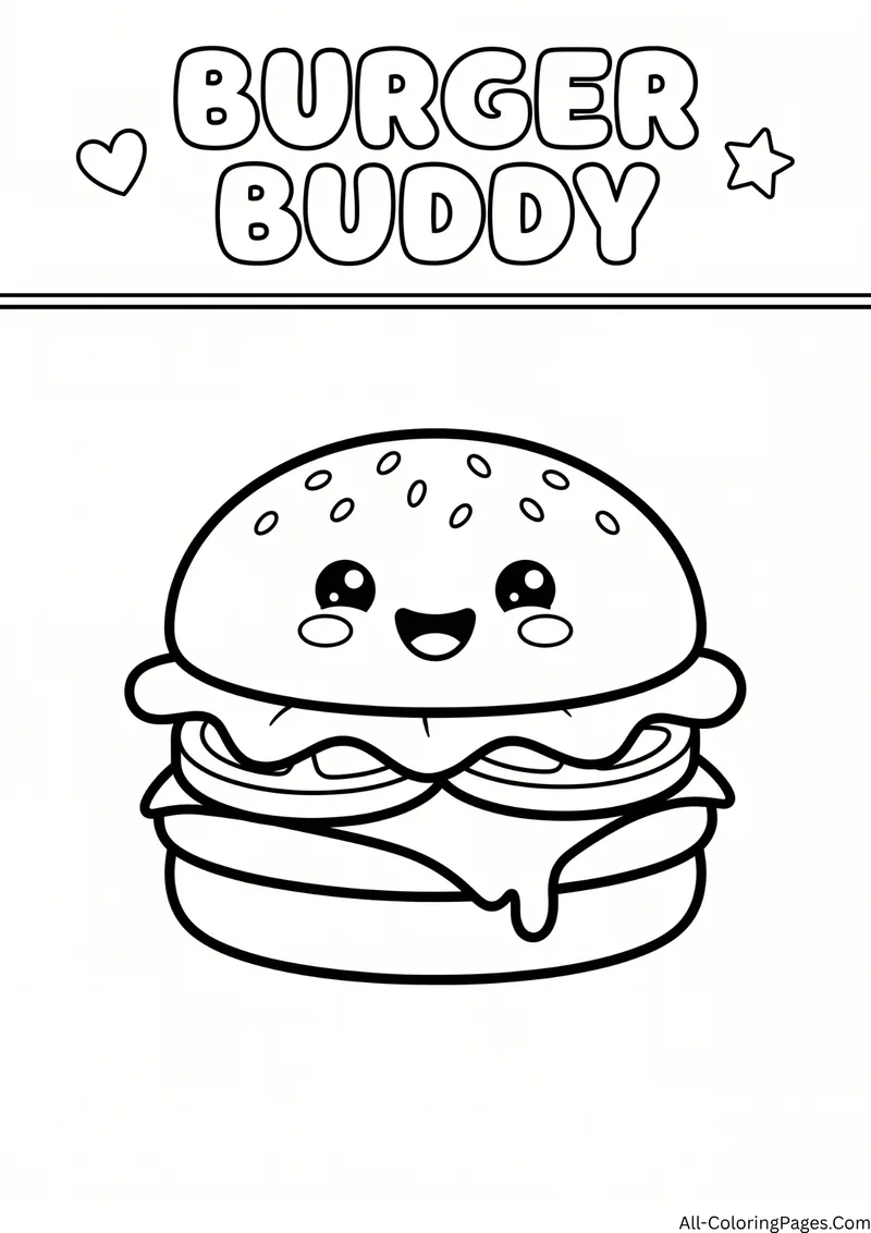 Smiling burger with a sesame bun, lettuce and melted cheese, with the title Burger Buddy