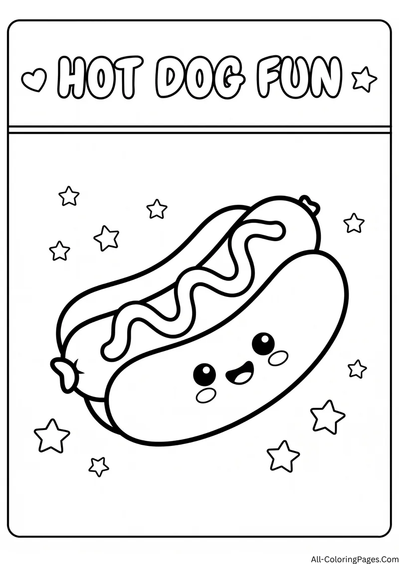 Smiling hot dog in a bun with a squiggle of mustard among stars, with the title Hot Dog Fun