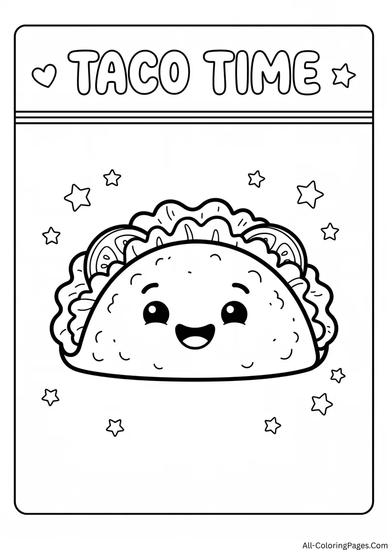 Smiling taco with lettuce and fillings among stars, with the title Taco Time