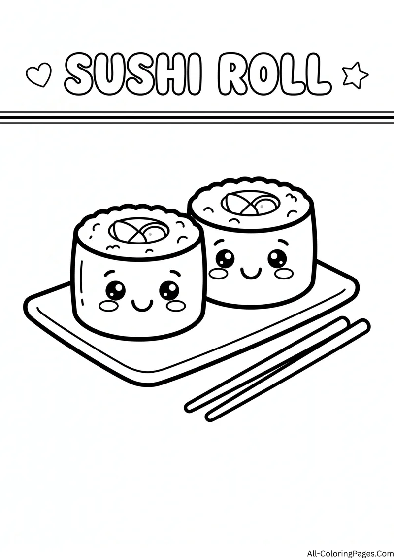 Two smiling sushi rolls on a board with chopsticks, with the title Sushi Roll