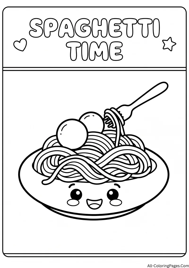Smiling plate of spaghetti with meatballs and a fork twirling noodles, with the title Spaghetti Time
