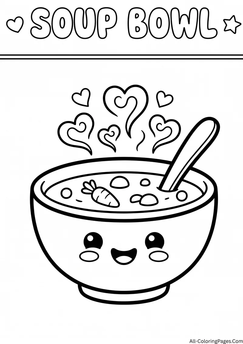 Smiling bowl of vegetable soup with a spoon and heart shaped steam, with the title Soup Bowl