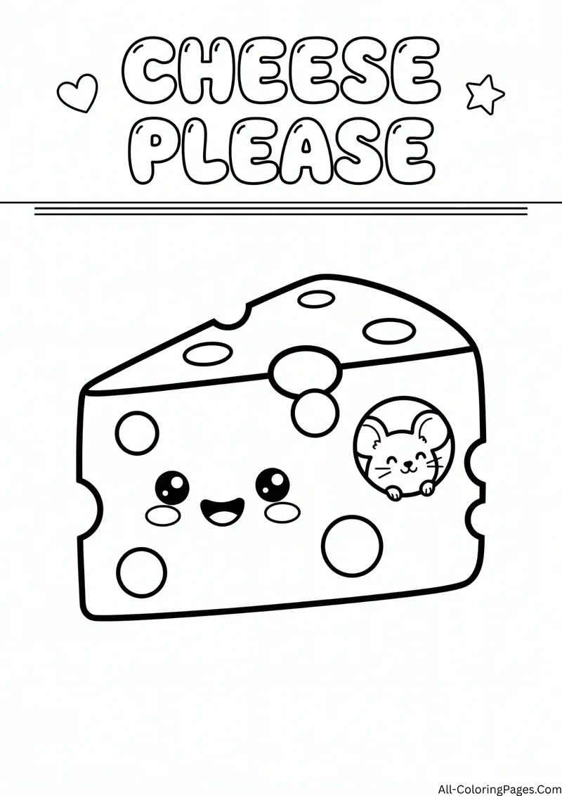 Smiling cheese wedge with holes and a little mouse peeking out, with the title Cheese Please