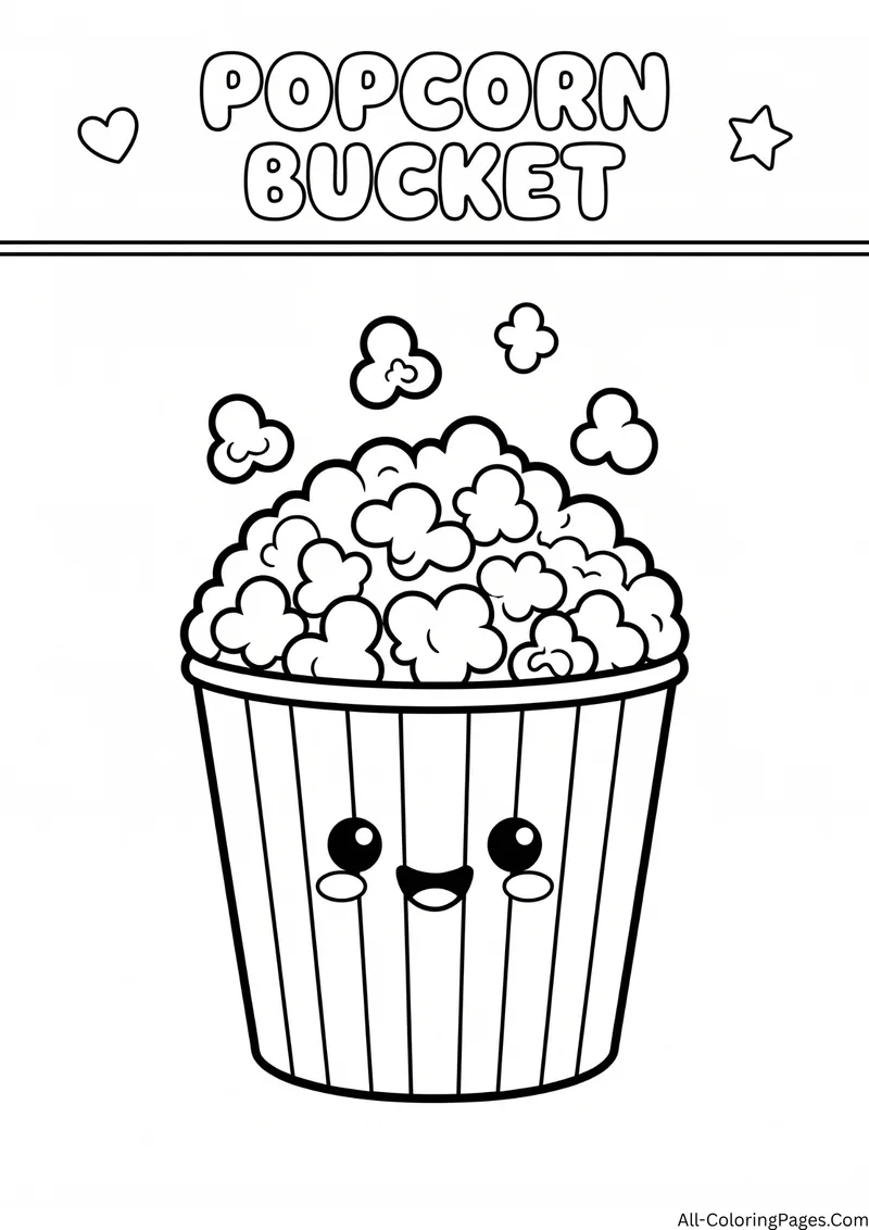 Smiling striped bucket overflowing with popcorn, with the title Popcorn Bucket