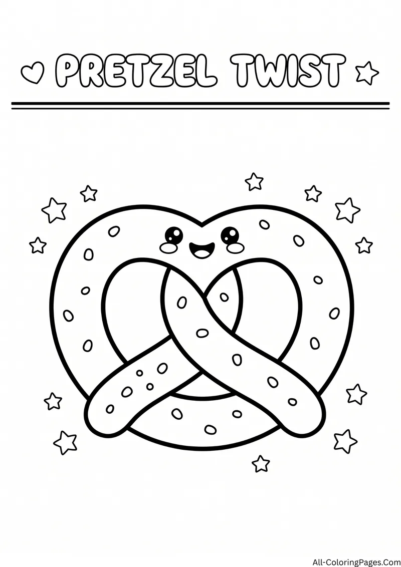 Smiling twisted pretzel with salt dots among stars, with the title Pretzel Twist