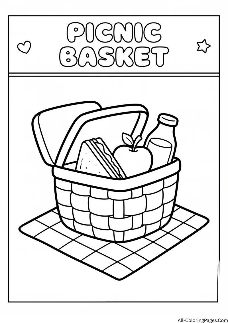 Woven picnic basket with a sandwich, an apple and a bottle on a checkered blanket, with the title Picnic Basket