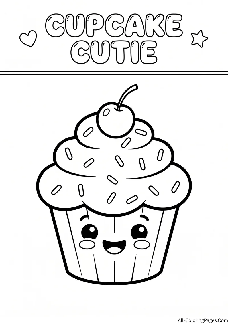 Smiling cupcake with swirled frosting, sprinkles and a cherry, with the title Cupcake Cutie