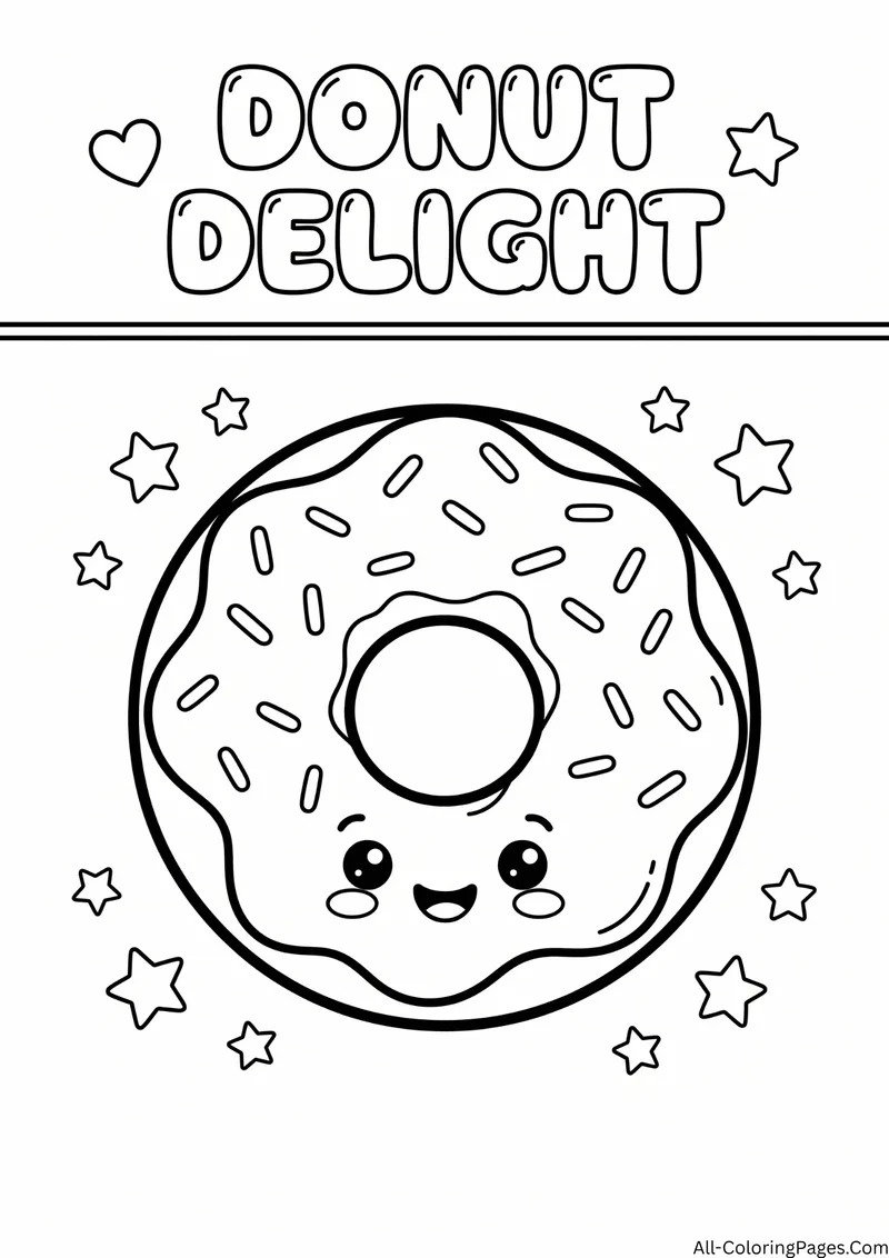 Smiling frosted donut with sprinkles surrounded by stars, with the title Donut Delight