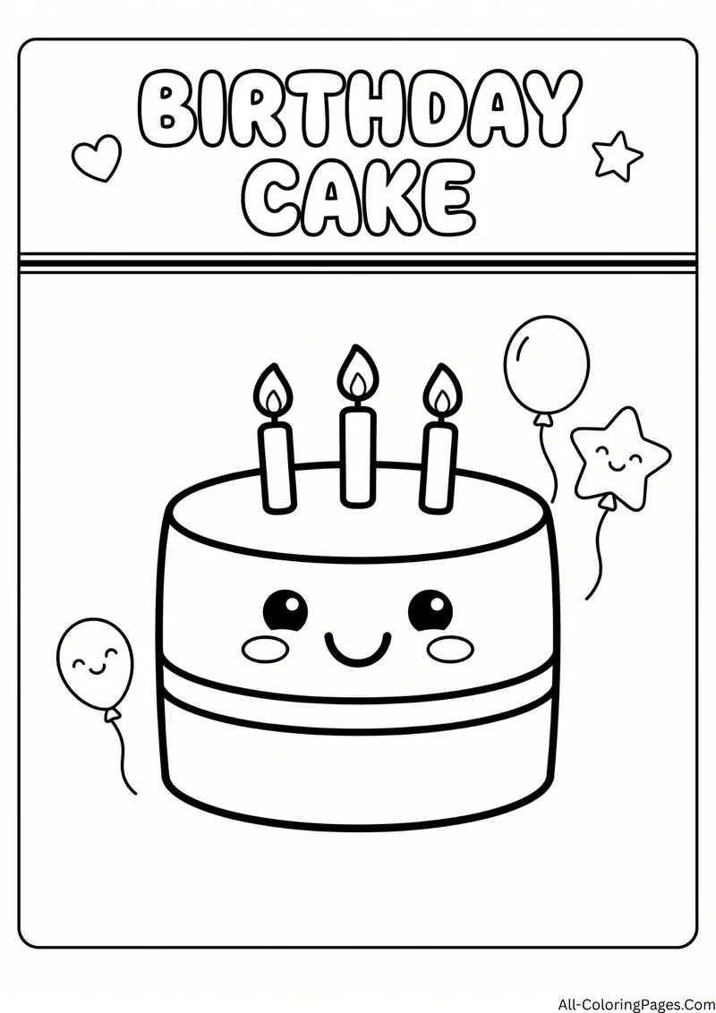 Smiling birthday cake with three lit candles, balloons and a star, with the title Birthday Cake