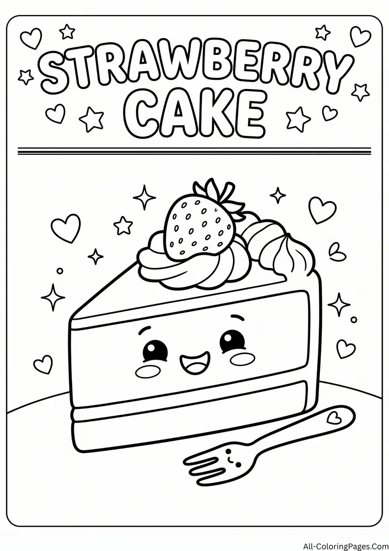 Smiling slice of layer cake with cream and a strawberry beside a fork, with the title Strawberry Cake