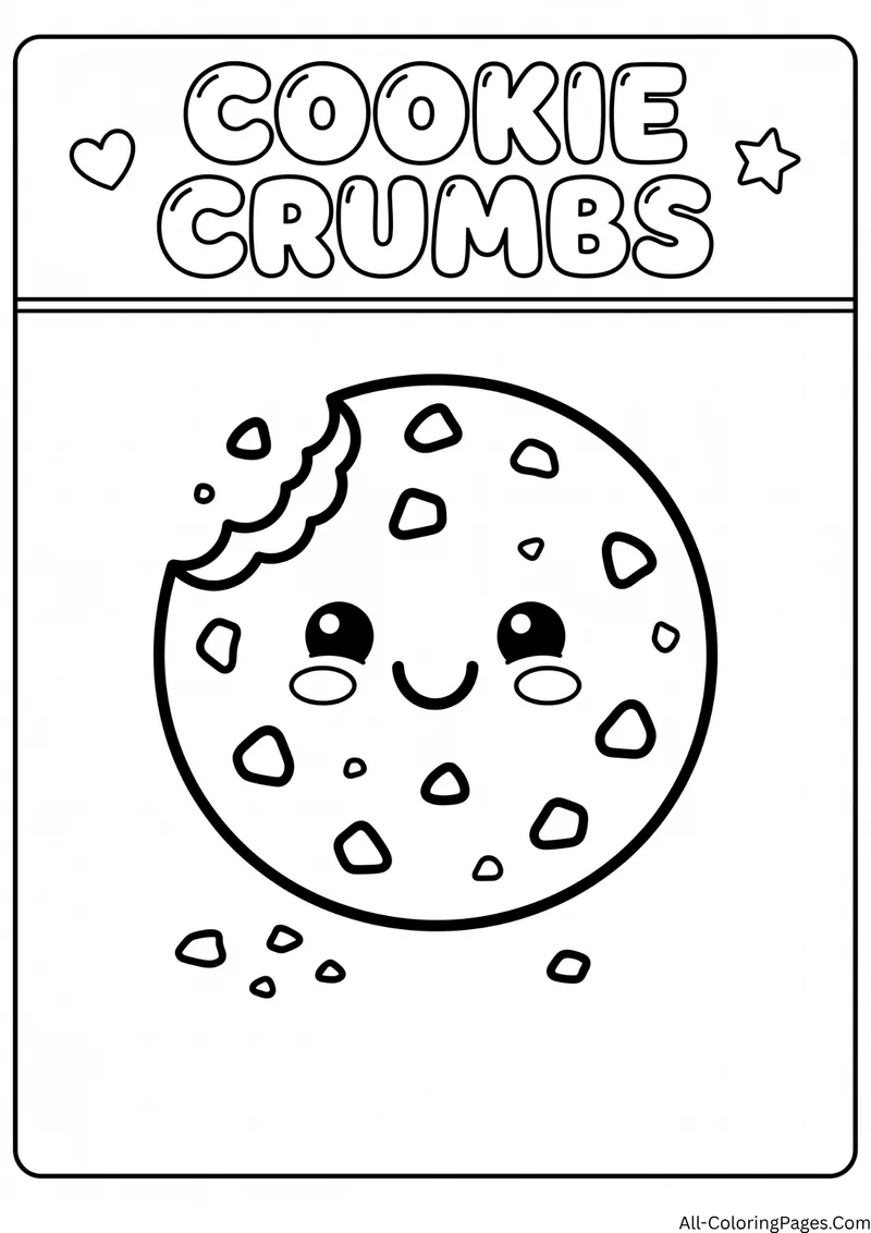 Smiling chocolate chip cookie with a bite missing and crumbs, with the title Cookie Crumbs
