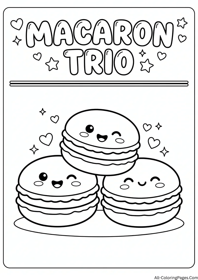 Three smiling macarons stacked on a plate with hearts, with the title Macaron Trio