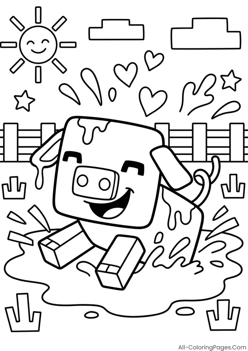 A happy pig splashing in a muddy puddle beside a fence