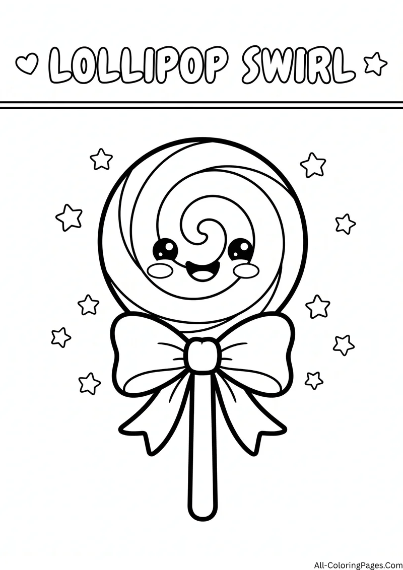 Smiling swirl lollipop with a bow on the stick among stars, with the title Lollipop Swirl