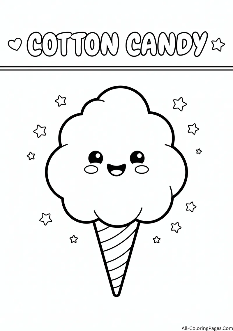 Smiling cotton candy on a striped cone among stars, with the title Cotton Candy