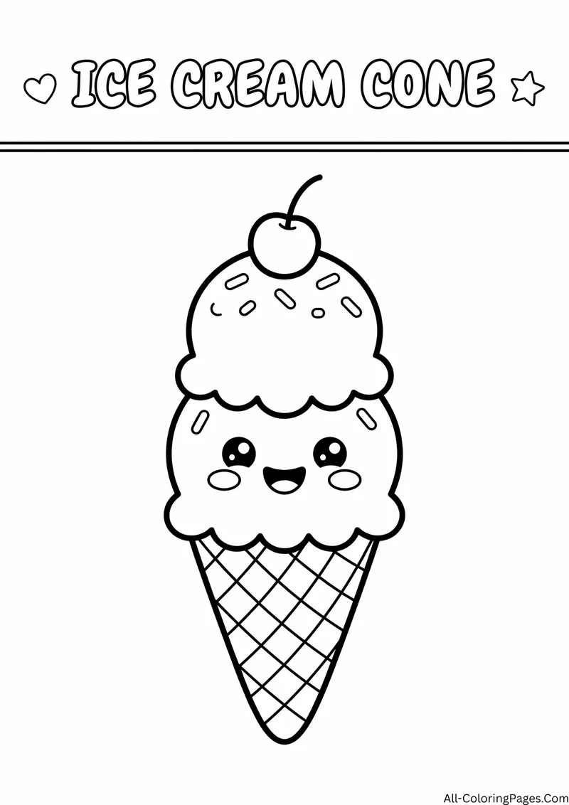 Smiling ice cream scoop with sprinkles and a cherry on a waffle cone, with the title Ice Cream Cone