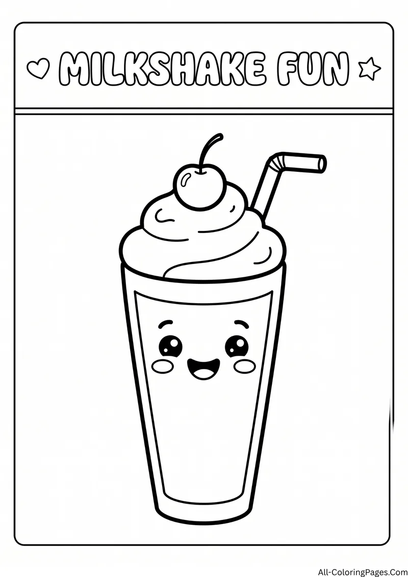 Smiling milkshake with whipped cream, a cherry and a straw, with the title Milkshake Fun
