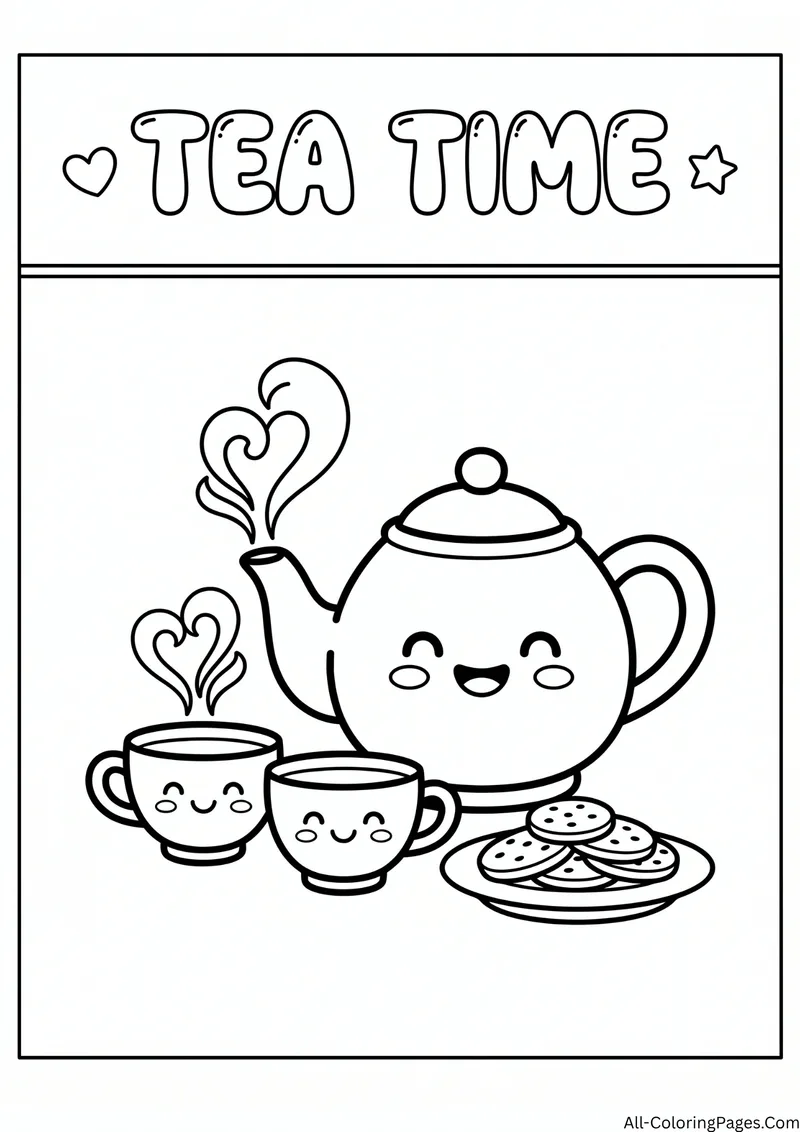 Smiling teapot with two smiling teacups and a plate of cookies, with the title Tea Time