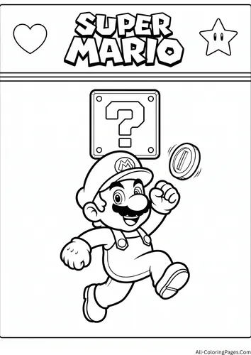 Mario jumping beside a question block and a gold coin, with the title Super Mario