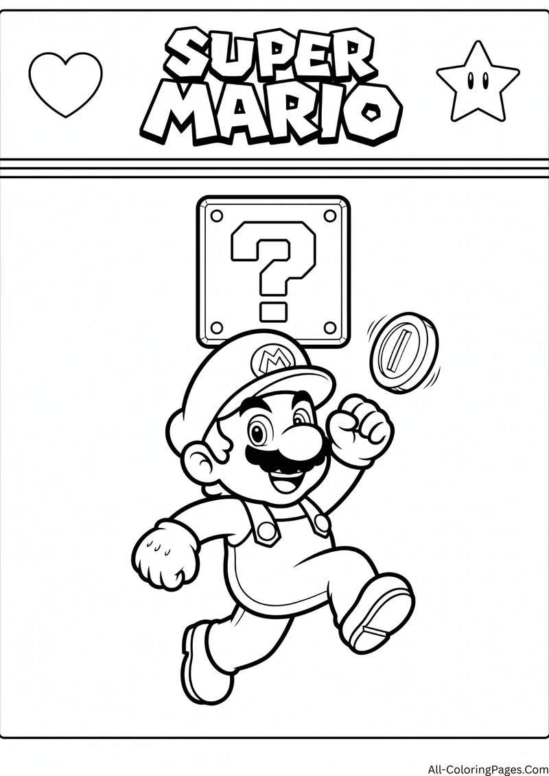 Mario jumping beside a question block and a gold coin, with the title Super Mario