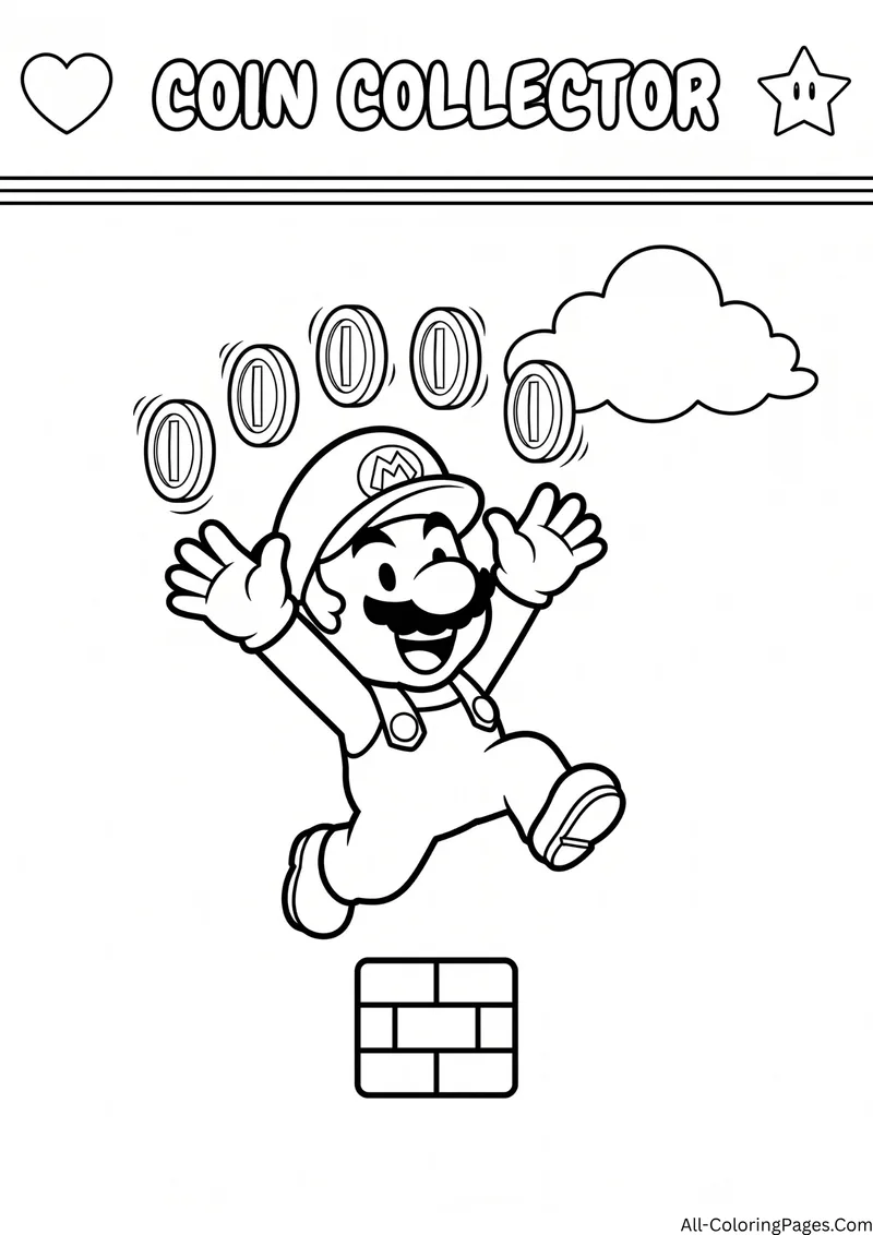Mario jumping with arms raised as coins fly out of a brick block, with the title Coin Collector