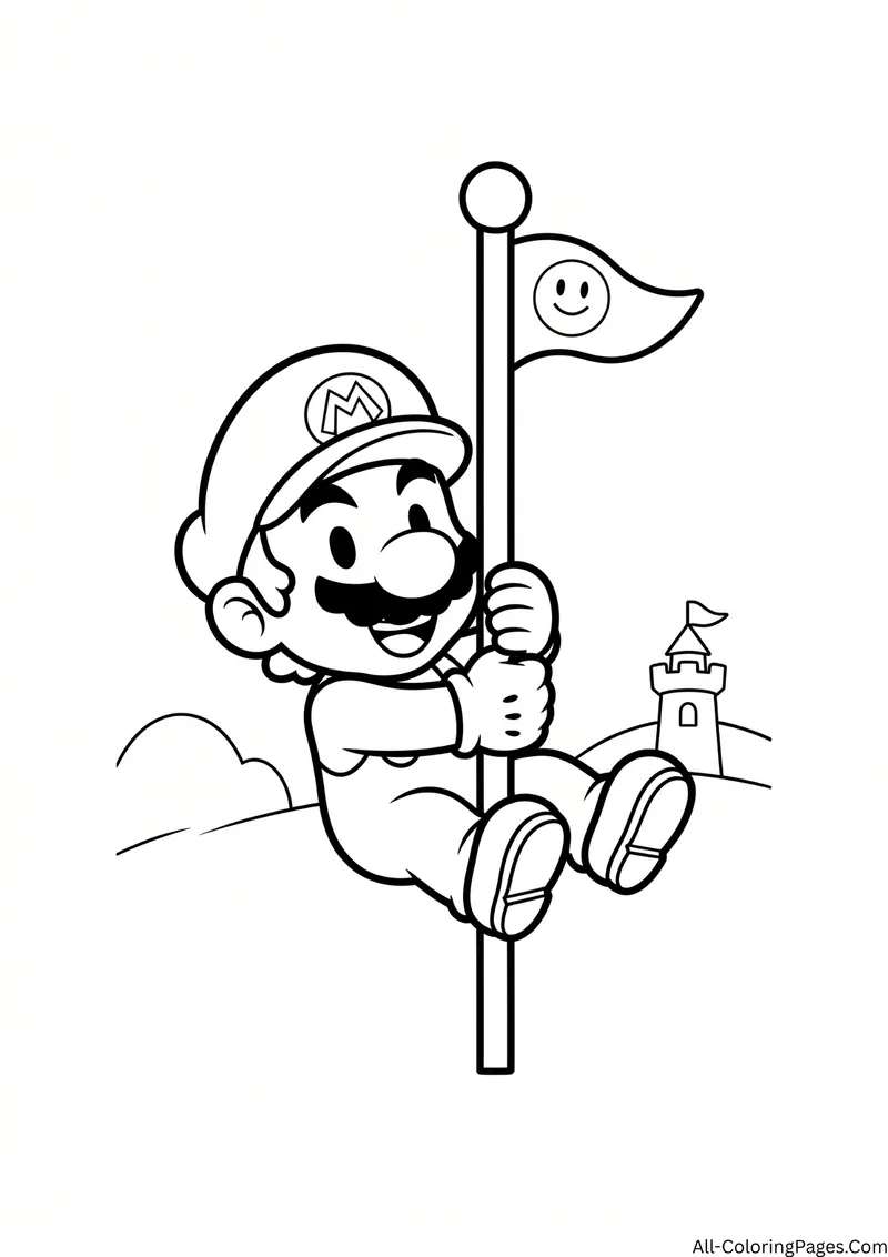 Mario sliding down a flagpole with a smiling flag and a small castle in the background