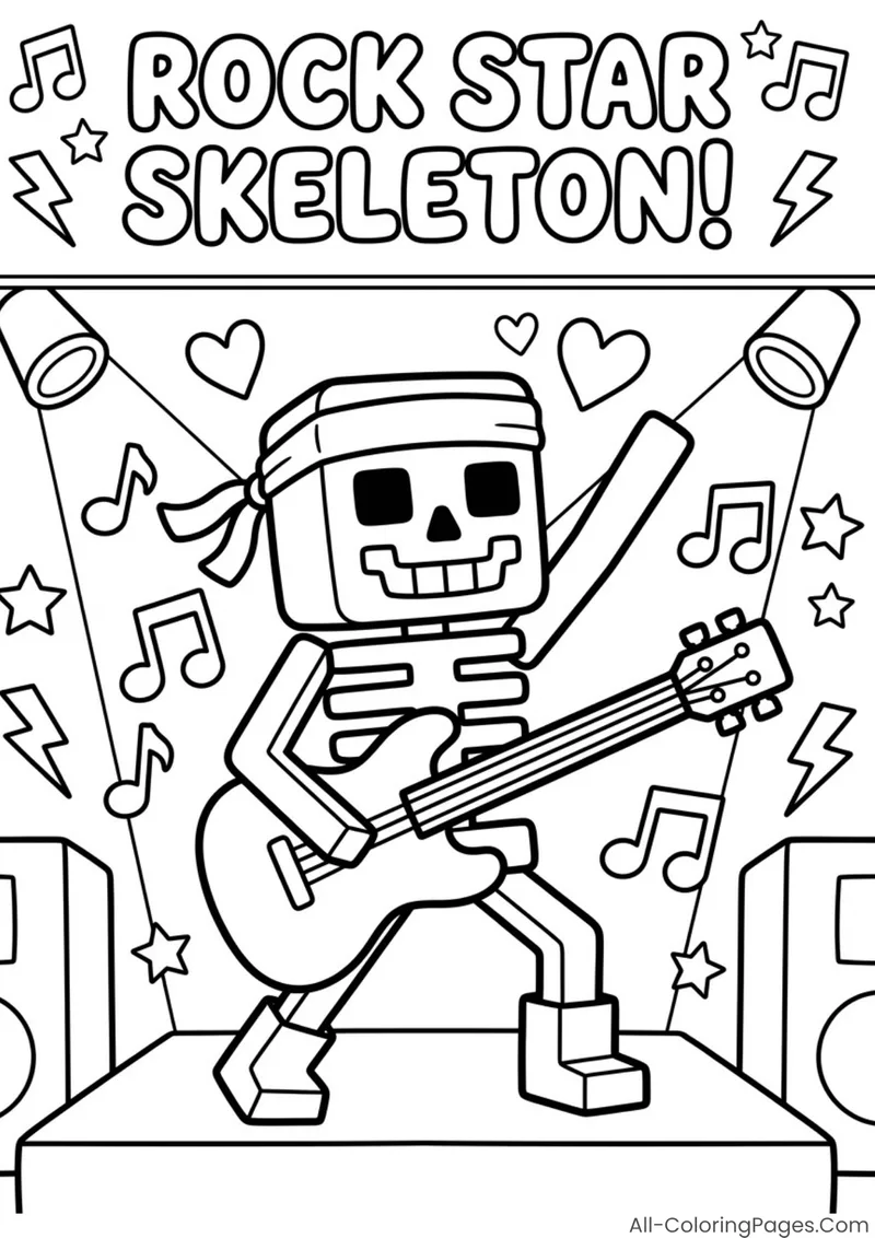 A skeleton in a hat playing an electric guitar under stage lights