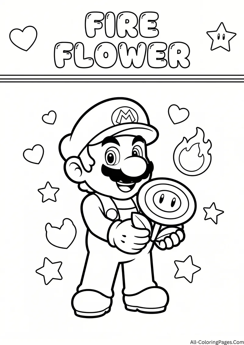 Mario holding a Fire Flower with a fireball, hearts and stars, with the title Fire Flower