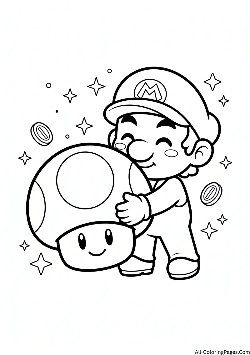 Mario hugging a large smiling Super Mushroom with coins and sparkles