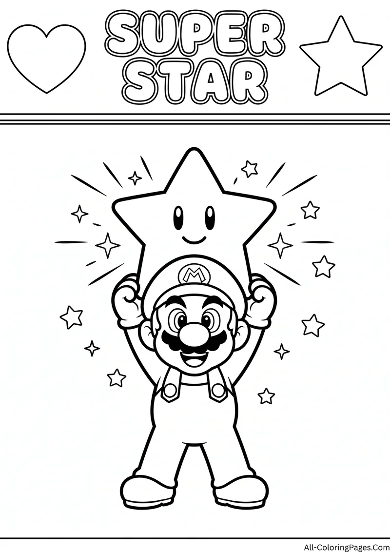 Mario holding a smiling Super Star above his head with sparkles, with the title Super Star