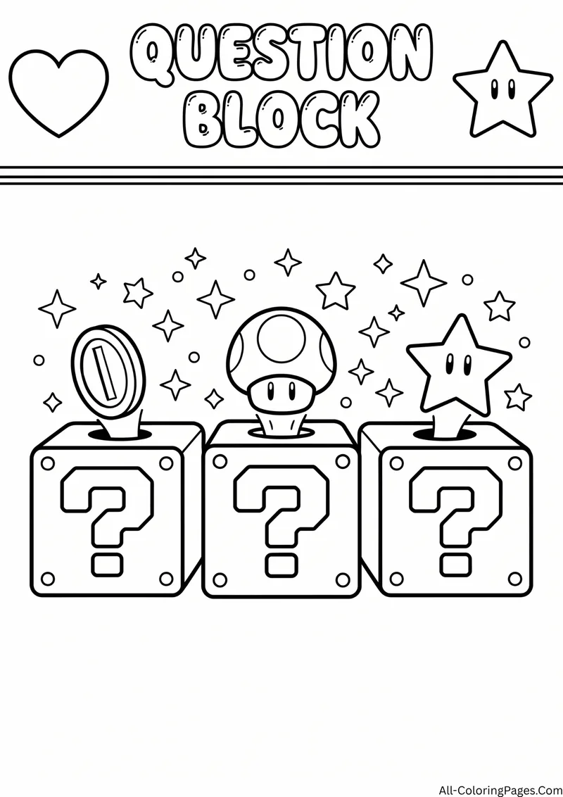 Three question blocks releasing a coin, a mushroom and a star with sparkles, with the title Question Block
