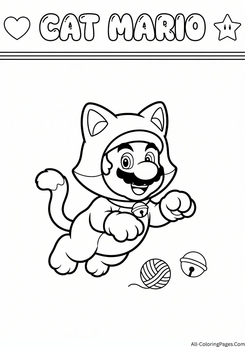 Mario in a cat suit pouncing near a ball of yarn and a bell, with the title Cat Mario