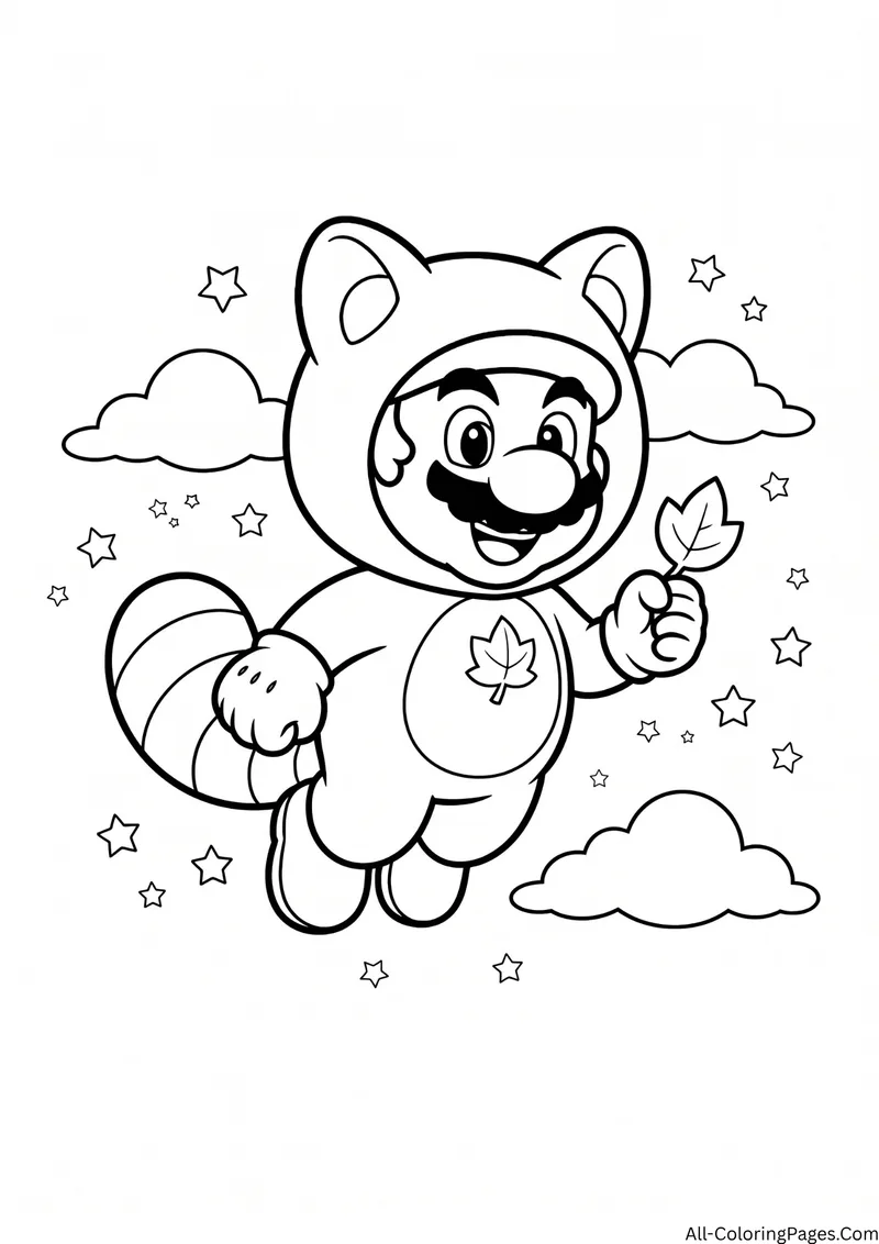 Mario in a raccoon Tanooki suit flying among clouds and stars while holding a leaf
