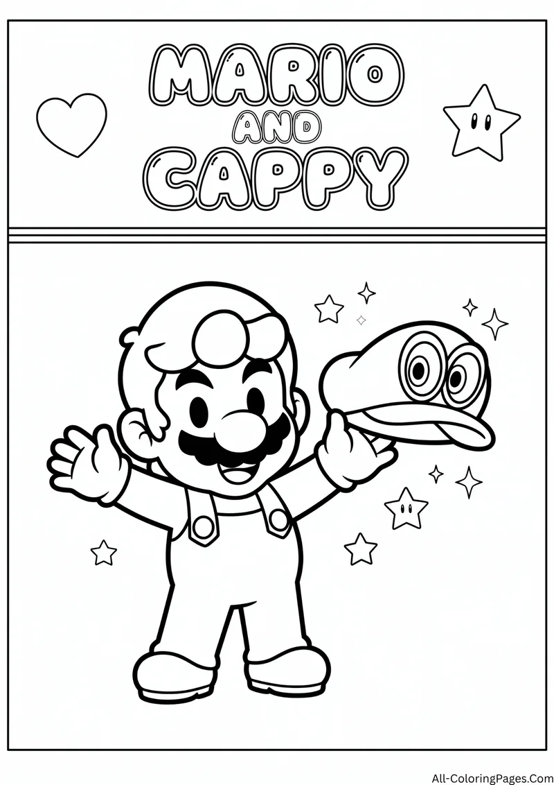 Mario waving next to Cappy, a floating hat with eyes, among sparkles, with the title Mario and Cappy