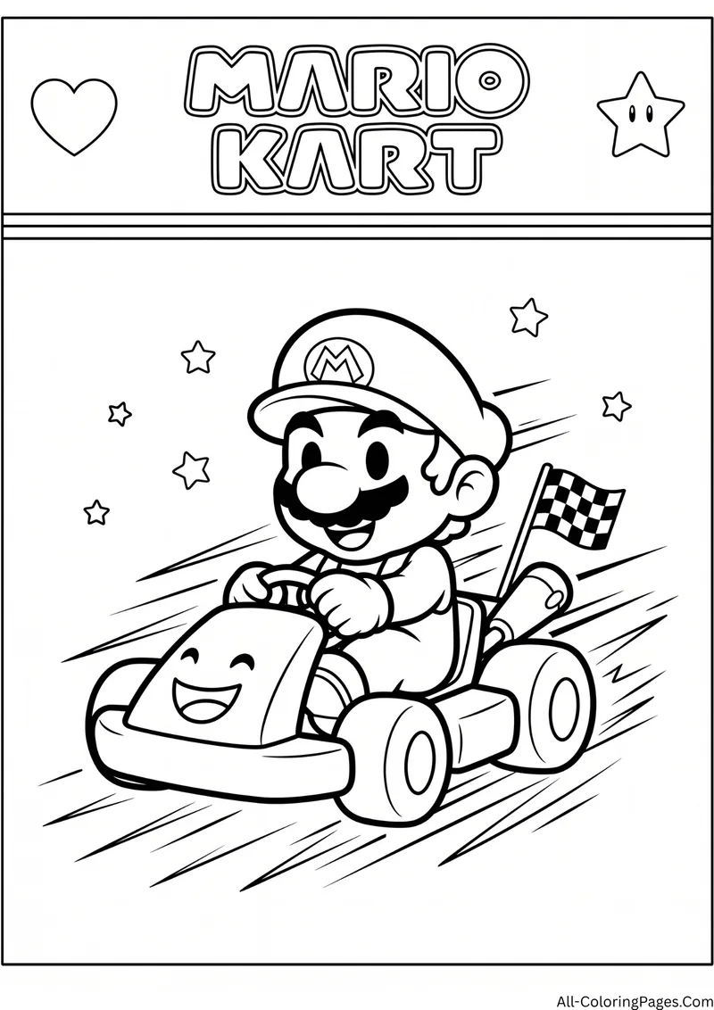 Mario driving a go kart with a checkered flag and speed lines, with the title Mario Kart