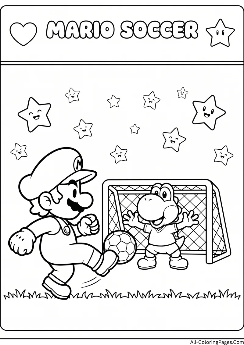 Mario kicking a soccer ball toward a goal guarded by Yoshi with smiling stars, with the title Mario Soccer