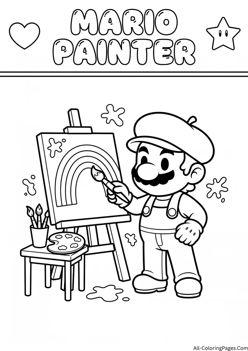 Mario in a beret painting a rainbow on an easel with brushes and a palette, with the title Mario Painter