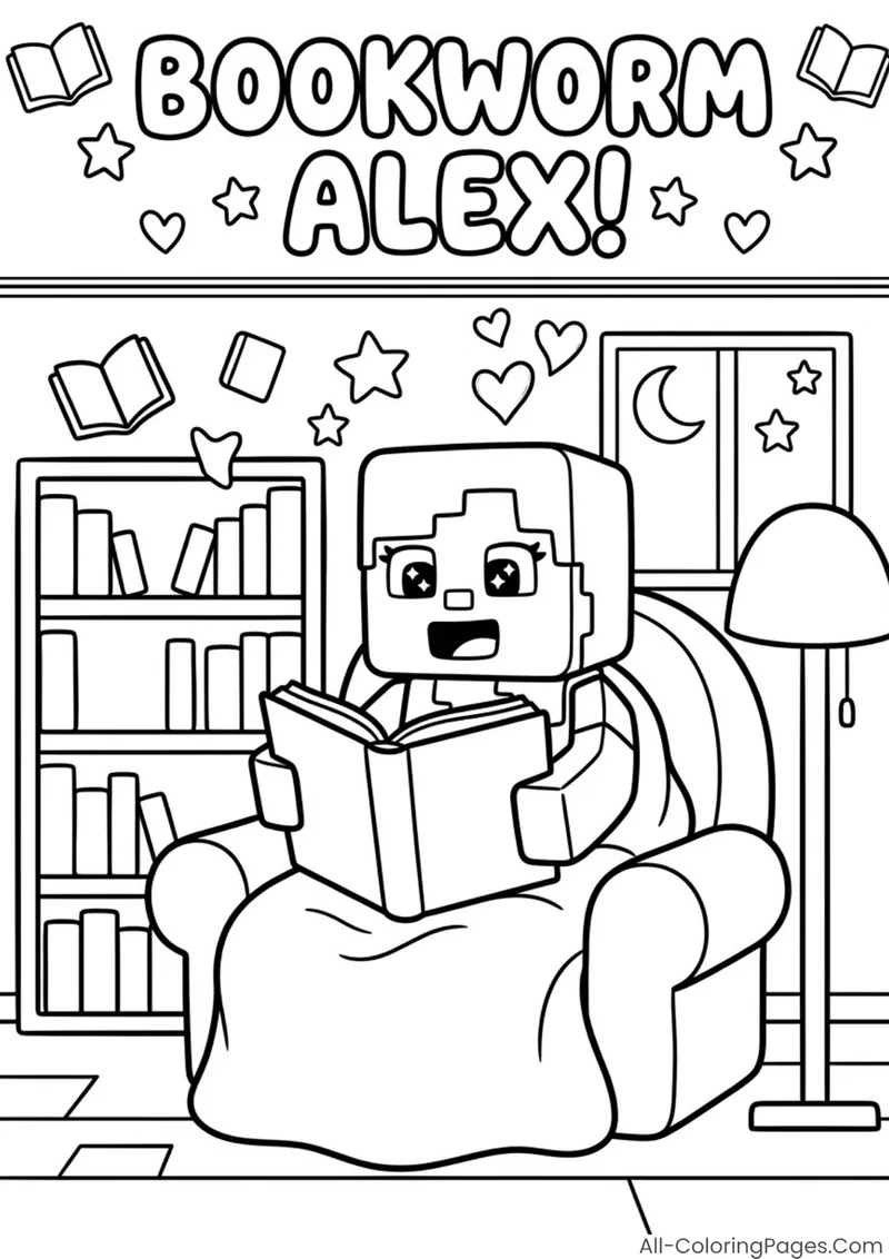 Alex sitting in an armchair with an open book beside shelves and a lamp