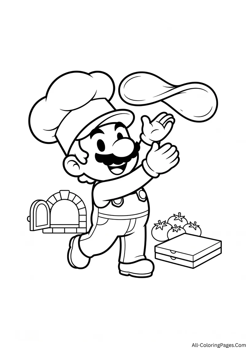 Mario in a chef hat tossing pizza dough beside a brick oven, tomatoes and a pizza box