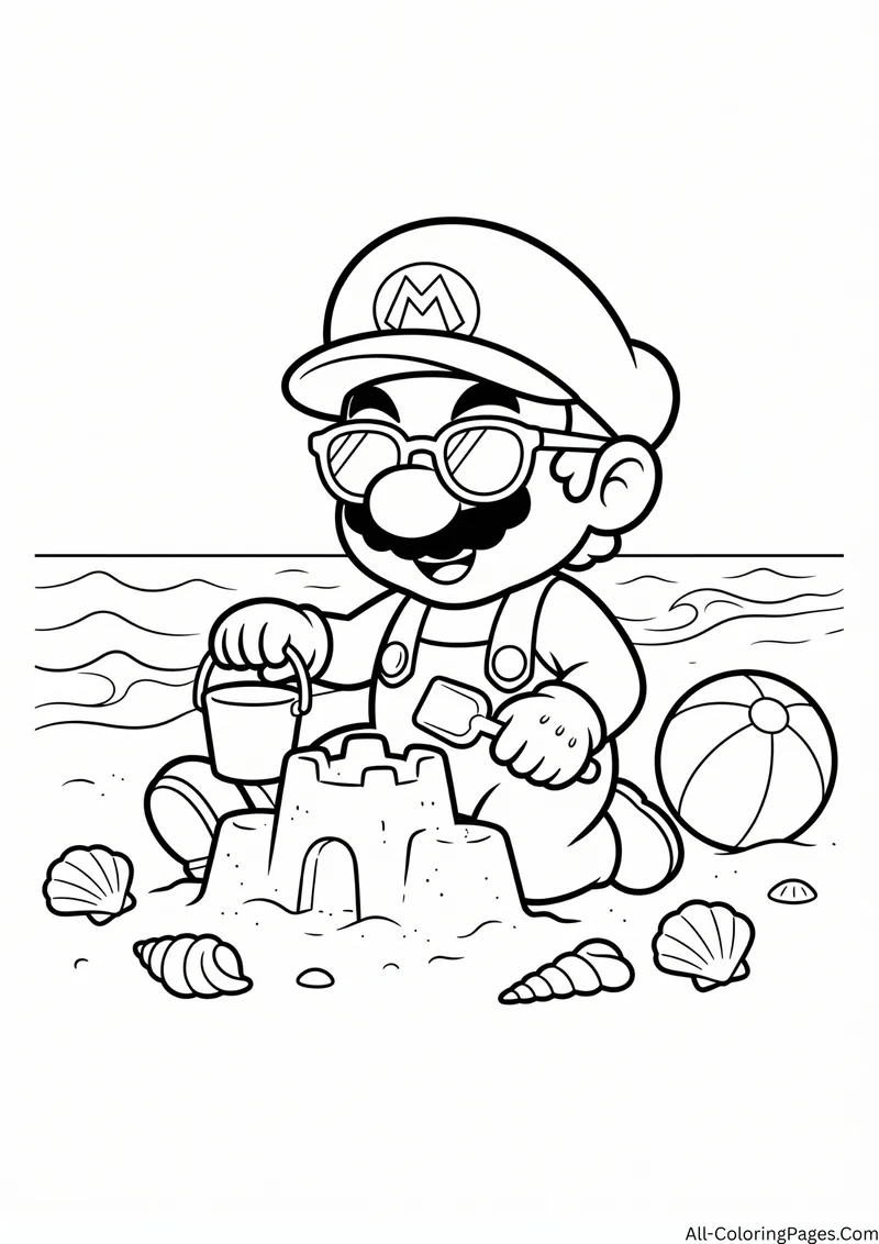 Mario in sunglasses building a sandcastle on the beach with a bucket, seashells and a beach ball