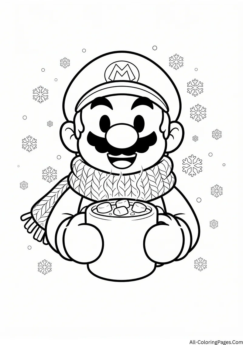 Mario wearing a knitted scarf holding a mug of hot cocoa with marshmallows among snowflakes