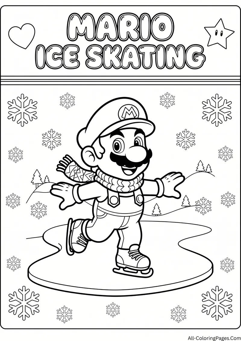Mario ice skating on a frozen pond wearing a scarf with snowflakes and trees, with the title Mario Ice Skating