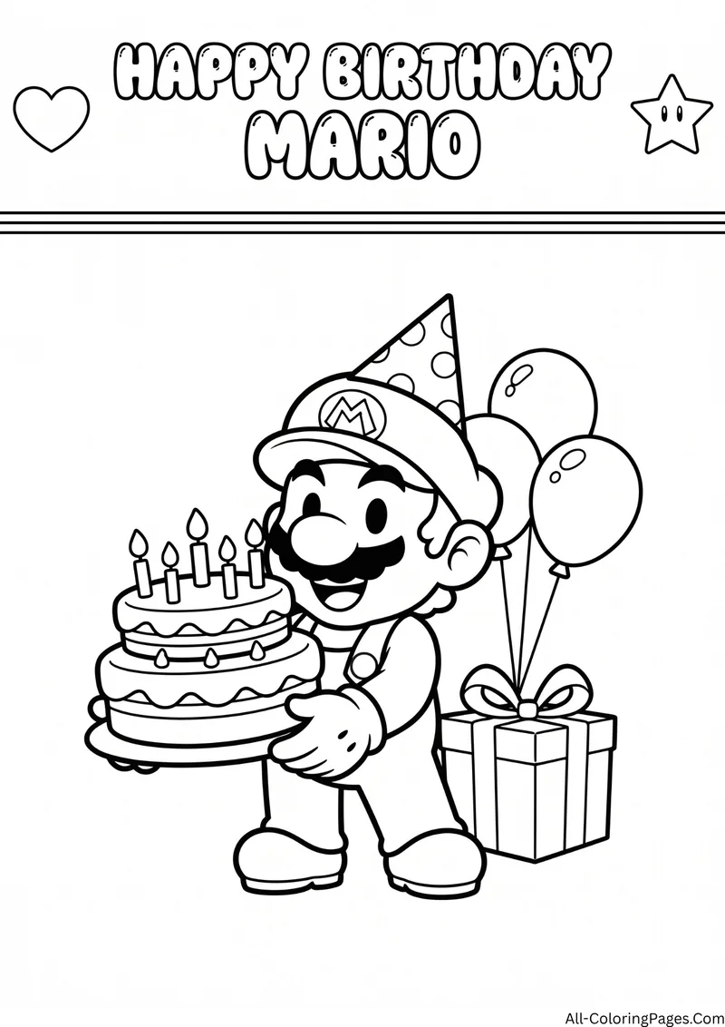 Mario in a party hat holding a birthday cake with balloons and a gift, with the title Happy Birthday Mario