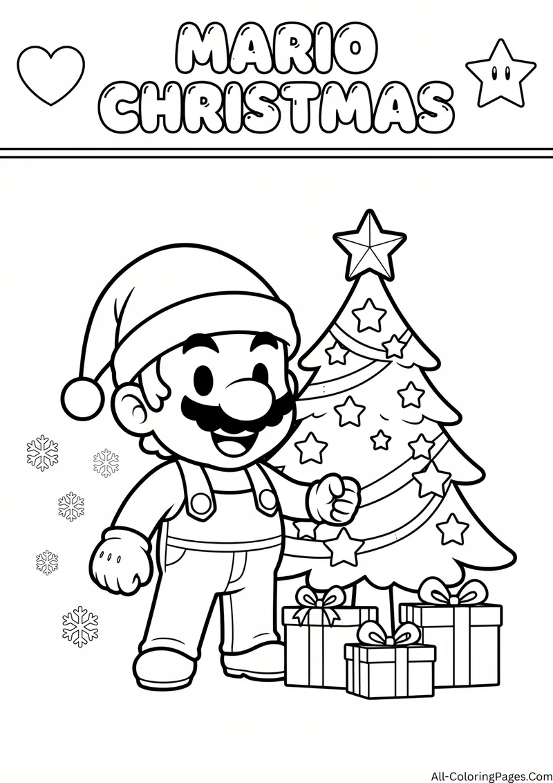 Mario wearing a Santa hat next to a decorated Christmas tree and presents, with the title Mario Christmas